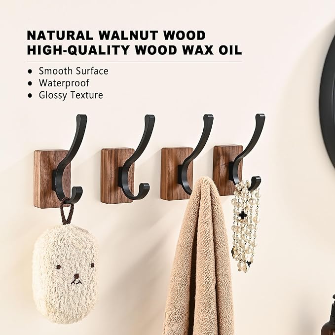 6 Pack Wooden Wall Hooks for Hanging, Adhesive Mounted & Wall Mount Nature Wood Coat Hooks for Towel Clothes Blanket Hat Backpack Robe Nursery Door Board Entryway Key Holder
