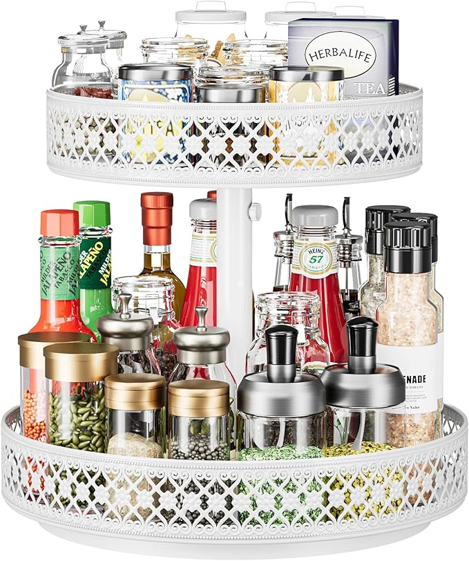 Lazy Susan Organizer 2 Tier - Turntable Spice Rack 12 inch Adjustable Metal Rotating Lazy Susan for Cabinet Pantry Kitchen Countertop Dining Table Cupboard Bathroom Vanity Storage White