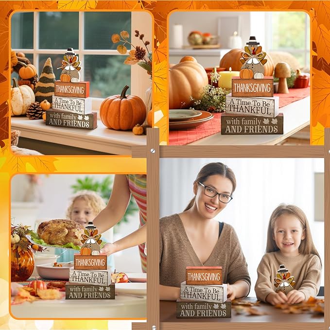 4 Pcs Fall Decoration for Home Thanksgiving Table Decoration Wooden Turkey Fall Tiered Tray Decor Thanksgiving Centerpiece Rustic Decorative Turkey Block Signs Gift Decor for Home Kitchen