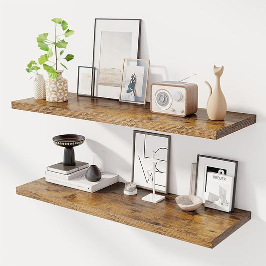 40" Floating Shelves for Wall, 12" Deep Slim Rustic Brown Floating Shelves, Wall-Mounted Shelves for Bedroom, Living Room, Kitchen, Bathroom - Set of 2