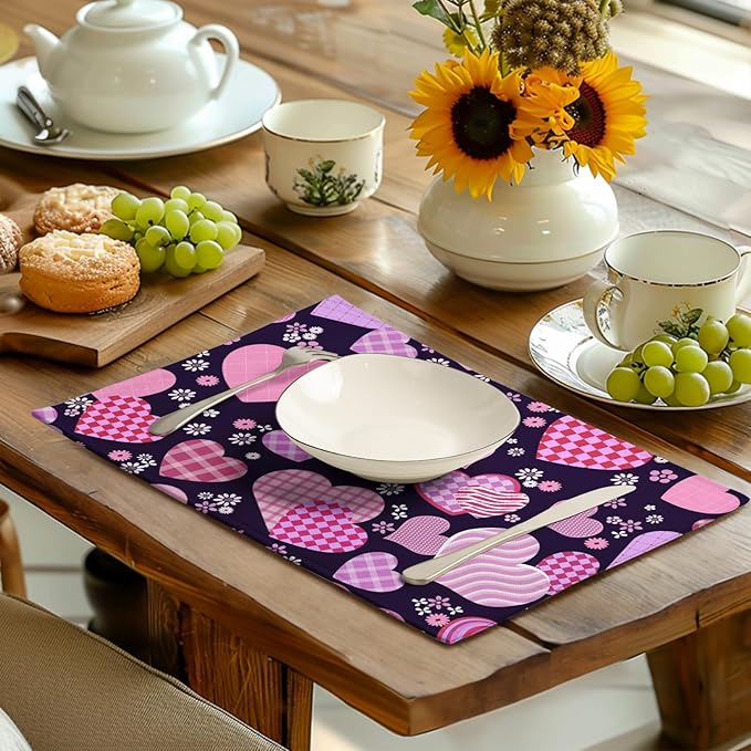 Pink Love Hearts Valentine's Day Placemats Set of 4 Seasonal Valentines Anniversary Wedding Linen Table Mats Pink Black Washable Place Mats for Party Kitchen Dining Outdoor Indoor Decor 12x18 Inch