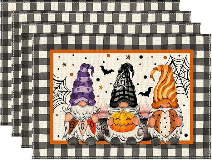 XCHI Spooky Boo Plaid Gnome Halloween Placemats Set of 4 Table Mats for Party Home Kitchen Dining Table Decorations 12x18 Inch