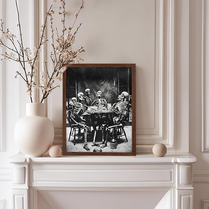 Poster Master Vintage Photograph Poster - Retro Daguerreotype Print - Gift for Artist, Friend - Skeletons Smoking at Table, Dinner Party, Goth - Wall Decor for Home, Dorm, 11x14 Brown Framed