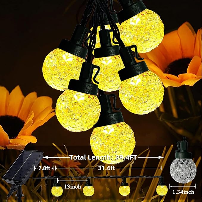 Solar LED String Lights for Outside,39.4FT 8Modes Crystal Globe Fairy String Lights Waterproof USB Plug for Garden Patio Christmas Tree Fence Indoor&Outdoor Party Decor(Pineapple Warm White)