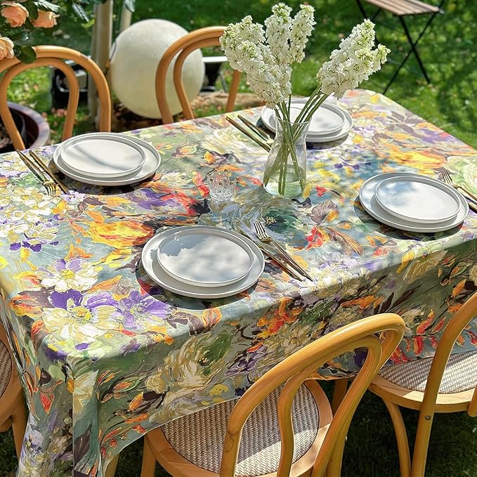 Rectangle Outdoor Tablecloth 120 x 60 Inch, Block Print Waterproof Table Cloth, Table Cover for Dining, Picnic, Easter, Wedding Spring/Summer - Green