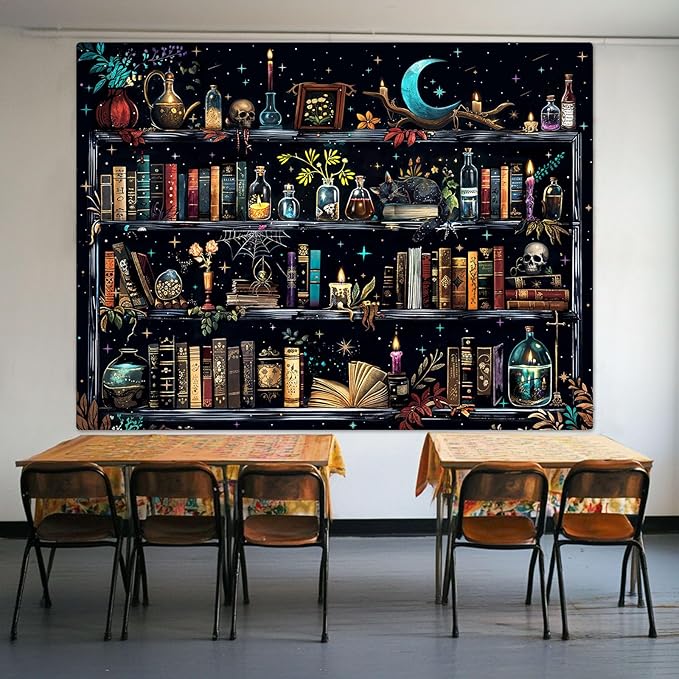 Accnicc Magic Bookshelf Tapestry Magical Witchy Potion Dark Hippie Haloween Tapestries Wall Hanging Gothic Skull Black Cat Library Book Small Tapestry for Bedroom Living Room Dorm 60 x 44 inch