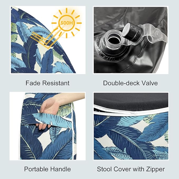 LVTXIII Indoor/Outdoor Inflatable Ottoman, D31 x H14 Inch Large Round Ottoman, All Weather Foot Rest Stool, Portable Footrest for Patio, Garden, Camping and Home - Swaying Palms Blue