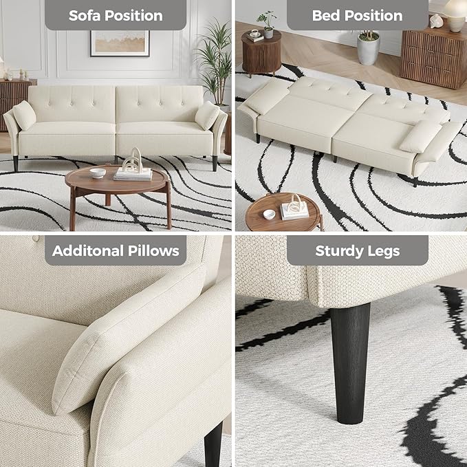 89” Futon Sofa Bed, Linen Comfy Futon Couch Bed with 2 Square Pillows, Convertible Sleeper Sofa with Adjustable Backrest& Armrests, Modern Loveseat Sleeper for Living Room, Bedroom, White