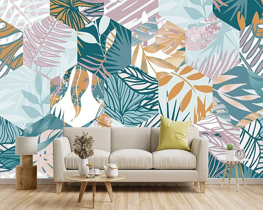 '-Abstract Geometry Botanical Banana Leaf Fabric Wallpaper Living Room Bedroom Bathroom Tropical Plant Leaf Large Wall Mural- 137"x96"（ not Peel and Stick）