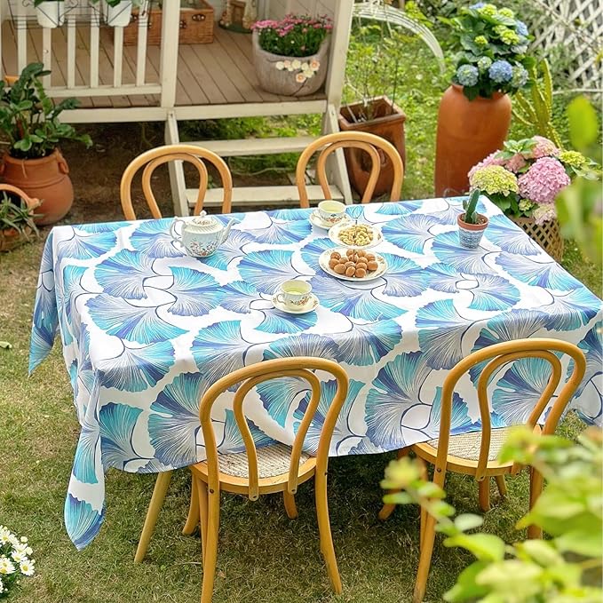 Rectangle Outdoor Tablecloth, Waterproof Washable Table Cloth, Ginkgo Leaf Pattern Table Cover for Dining, Farmhouse, Party - Spring Summer, 60''x120'', Blue Floral