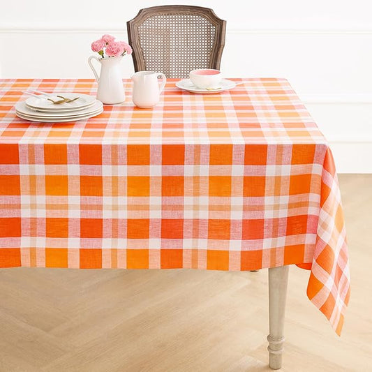 Solino Home Linen Tablecloth 60 x 120 Inch - 100% Pure Linen Plaid Pumpkin Table Cloth for Rectangle Tables - Autumn, Halloween, Thanksgiving, Fall Buffalo Check Machine Washable Tablecloth