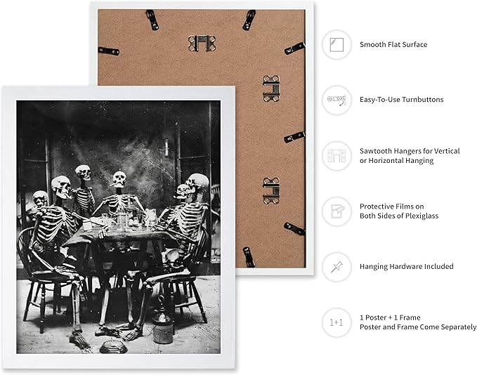 Poster Master Vintage Photograph Poster - Retro Daguerreotype Print - Gift for Artist, Friend - Skeletons Smoking at Table, Dinner Party, Goth - Wall Decor for Home, Dorm, 16x20 White Framed