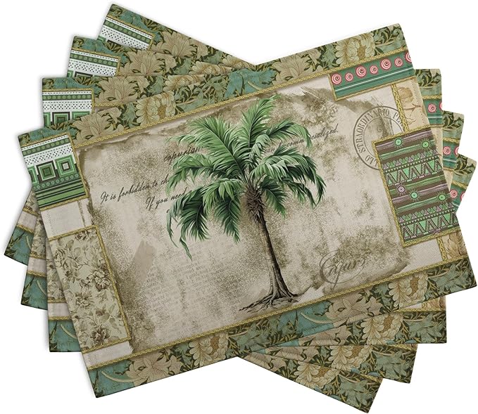 Tropical Palm Tree Placemats Set of 4 Summer Vintage Green Leaf Kitchen Table Mat 12x18 Inch Hawaii Beach Jungle Plant Tree Heat Resistant Washable Linen Place Mats for Dining Tables