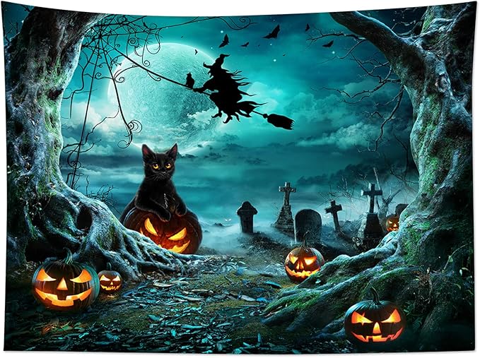 LB Halloween Tapestry Pumpkins Black Cat Dead Tree in Spooky Graveyard Full Moon Night with Witch Halloween Wall Hanging for Bedroom Living Room Dorm Decor 80x60 Inch