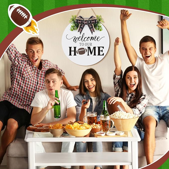 Hello Fall Football Sign for Front Door Thanksgiving Wooden Hanging Sign Fall Welcome Wreaths with Bow Turkey Farmhouse Wall Decoration for Home Autumn Harvest Front Porch Decor(Home)