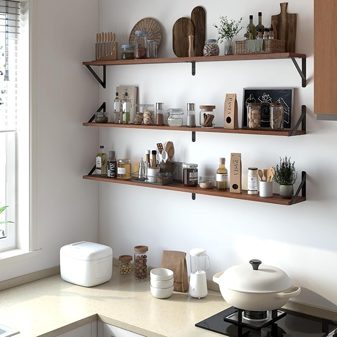 Heimlove 48 Inch Large Wall Bookshelves Set of 3, Wall Mounted Bookshelves,Heavy Duty Wooden Shelves for Living Room,Bedroom,Kitchen,Laundry Room Storage & Decor