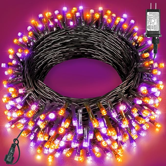 Halloween Lights Outdoor 40FT 120 LED, Green Wire String Lights for Outside Waterproof, 8 Modes Connectable Twinkle Tree Light for Indoor Bedroom Yard Party Holiday Decorations, Purple Orange