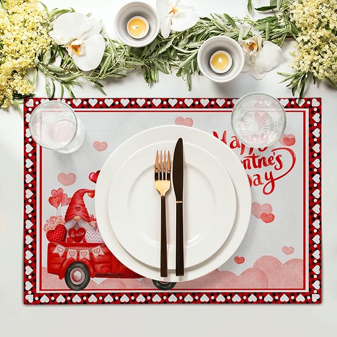 Valentines Day Placemats Red Truck Love Heart Placemats Set of 4 Cute Gnome Place Mats for Kitchen Dining Party Table Home Decoration Size 18x12 in