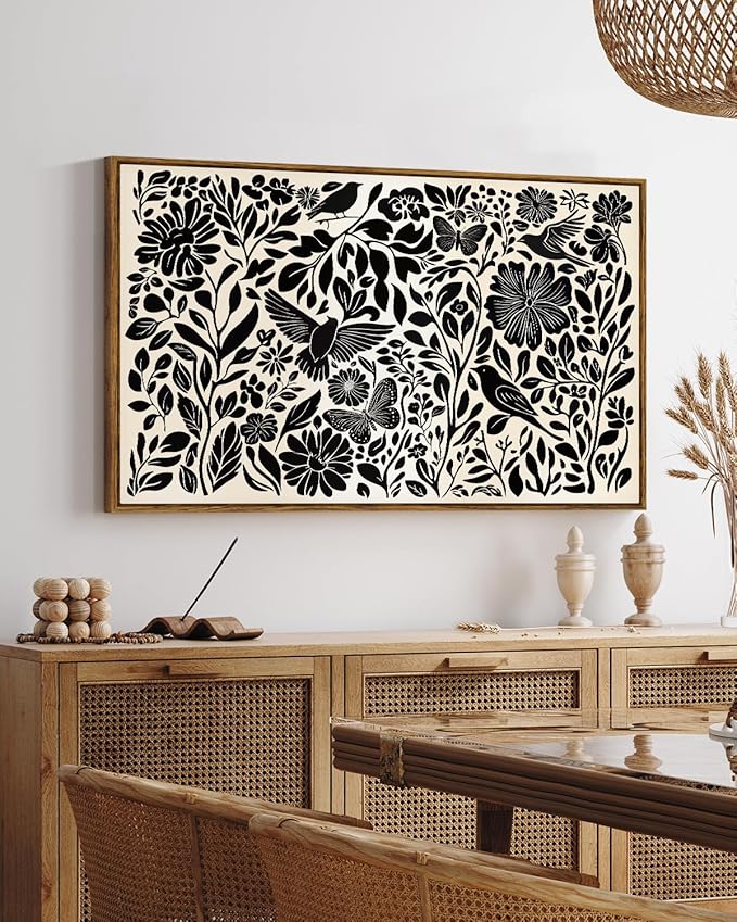 VIYYIEA Framed Canvas Wall Art, Black and White Large Wall Art for Living Room, Print Paintings, Boho Home Office Decor, Bedroom Wall Decor -【Flowers & Birds】-(24"x36")