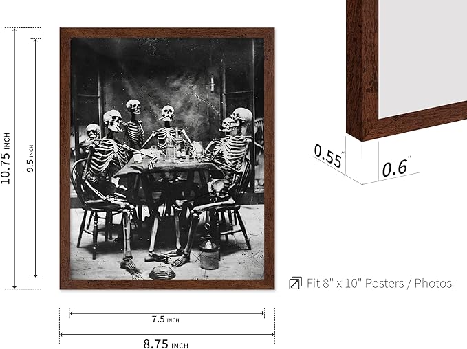 Poster Master Vintage Photograph Poster - Retro Daguerreotype Print - Gift for Artist, Friend - Skeletons Smoking at Table, Dinner Party, Goth - Wall Decor for Home, Dorm, 8x10 Brown Framed