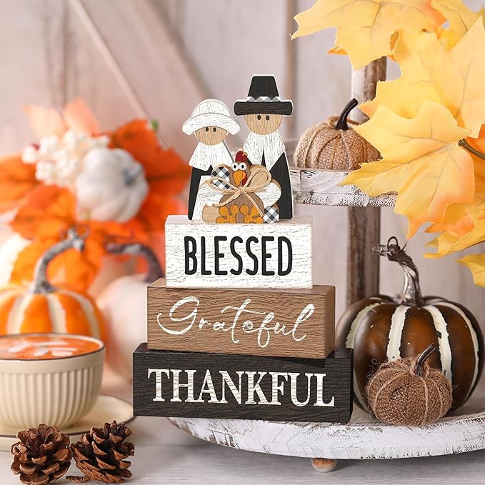 4 Pcs Fall Thanksgiving Table Decor for Home Pilgrim Couple Wooden Signs with Blessed Thanksgiving Autumn Tiered Tray Decor Turkey Tabletop Centerpiece Grateful Block Signs for Office Kitchen Shelf
