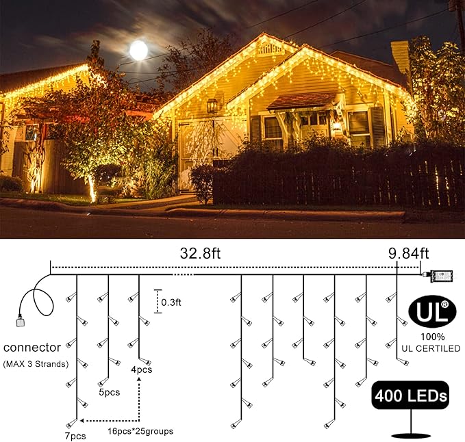 Icicle Lights for Outside 33ft 400 LED Icicle Christmas Lights Outdoor 8 Modes with 75 Drops, Plug in Christmas Light Waterproof for Indoor Holiday Wedding Xmas Decorations, Warm White