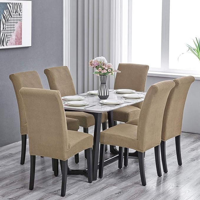 Howhic Stretch Chair Covers for Dining Room Set of 2, Removable Washable Dining Room Chair Covers, Dining Chair Slipcovers Seat Protector, Great Home Decor and Banquet Upholstery (Tan, 2 Pack)