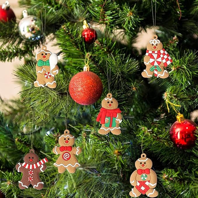 24pcs Gingerbread Man Ornaments for Christmas Tree, Assorted Gingerbread Figurines Ornaments, Christmas Tree Hanging Decorations, 3 Inch Tall