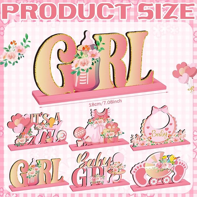 6pcs Pink Baby Shower Decorations Wooden Centerpieces for Girls Floral It's a Girl Gender Reveal Table Centerpiece Party Supplies Baby Girl Pregnancy Announcement Table Topper