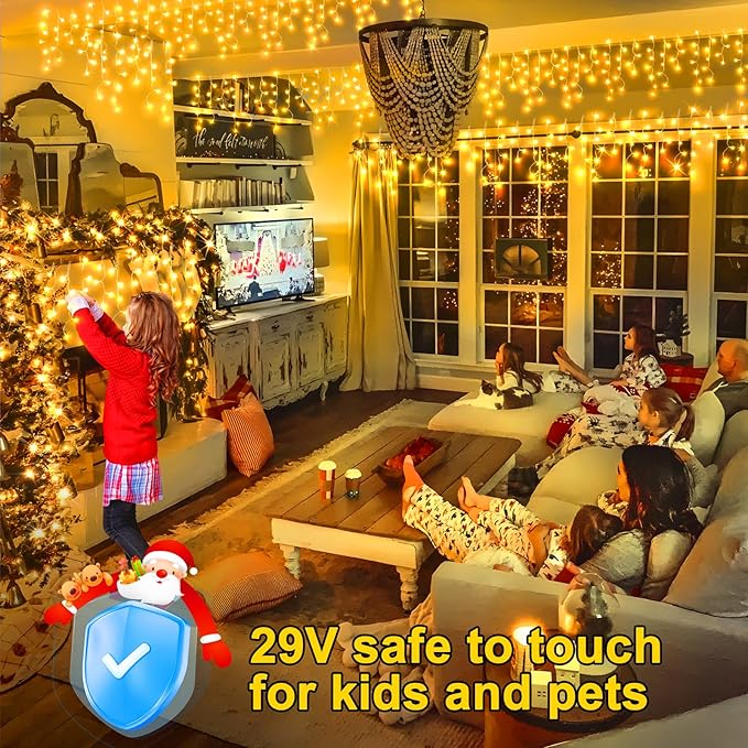 KNONEW Christmas Lights Outdoor Color Changing 400 LED 33ft 11 Modes Curtain Fairy String Light with 75 Drops, Clear Wire LED Lights for Wedding Party Holiday Christmas (Warm White to Multicolor)