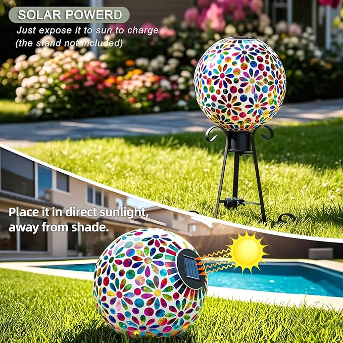 VOREEN 10" Mosaic Glass Gazing Ball with Solar Light, Outdoor Solar Gazing Globe, Handmade IP44 Waterproof Garden Decor Sphere for Patio Yard, Ideal Gift for Mom Wife Friend, Colorful Daisy Design