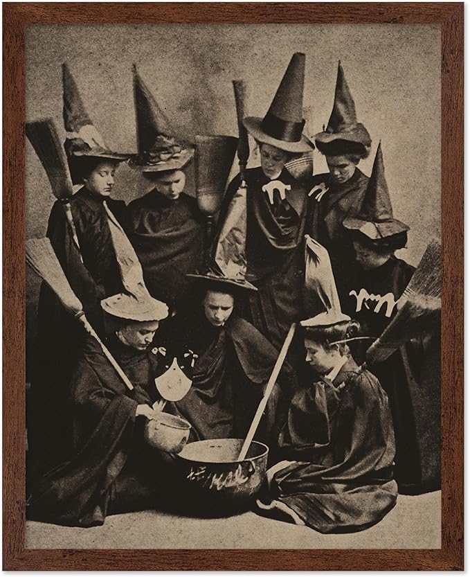 Poster Master Vintage Photograph Poster - Retro Halloween Print - Gift for Artist, Friend - Witches Cooking, Pointy Hats, Broomsticks, Black Magic - Wall Decor for Bedroom, 11x14 Brown Framed