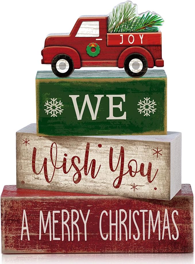 4 Pcs Rustic Christmas Decor Wooden Red Truck Winter Tiered Tray Decor Merry Christmas Table Centerpiece Wood Red Truck Block Sign Gift Farmhouse for Home Kitchen Tabletop Office Shelf