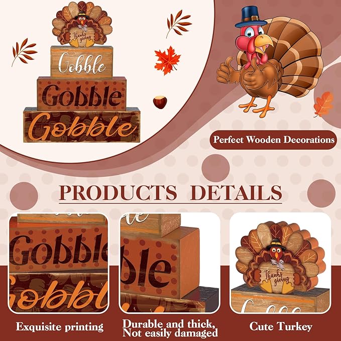 4 Pcs Thanksgiving Fall Decor for Home Cute Turkey Wooden Signs with Sayings Thanksgiving Fall Tiered Tray Decor Turkey Tabletop Centerpiece Gobble Block Signs for Office Kitchen Shelf