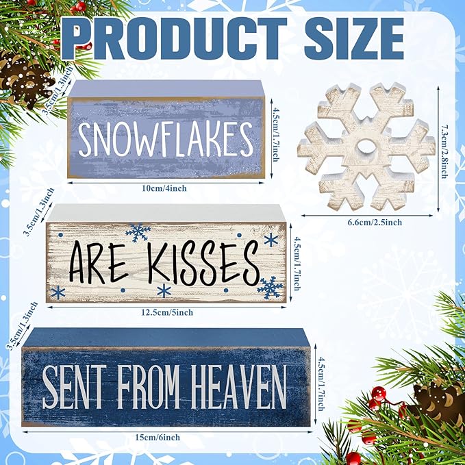 4 Pcs Christmas Table Decorations Wooden Snowflake Decor Winter Tiered Tray Decor Rustic Snow Block Signs Gift Farmhouse Christmas Centerpiece for Winter Wonderland Party Kitchen Home