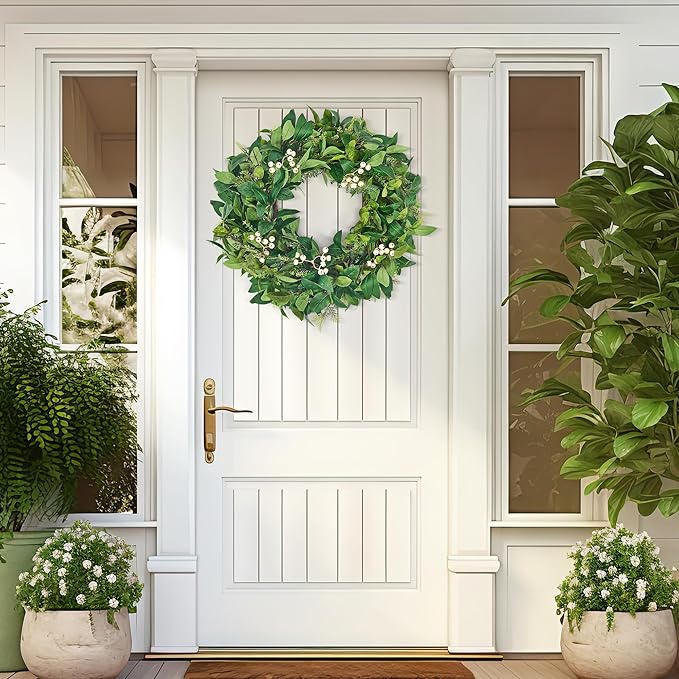 GENMOUS 24 Inch Christmas Wreaths for Front Door, Green Cypress Leaves Wreath with Cedar Laurel White Berries, All Season Indoor Outdoor Wedding Holiday Christmas Home Wall Door Porch Decor