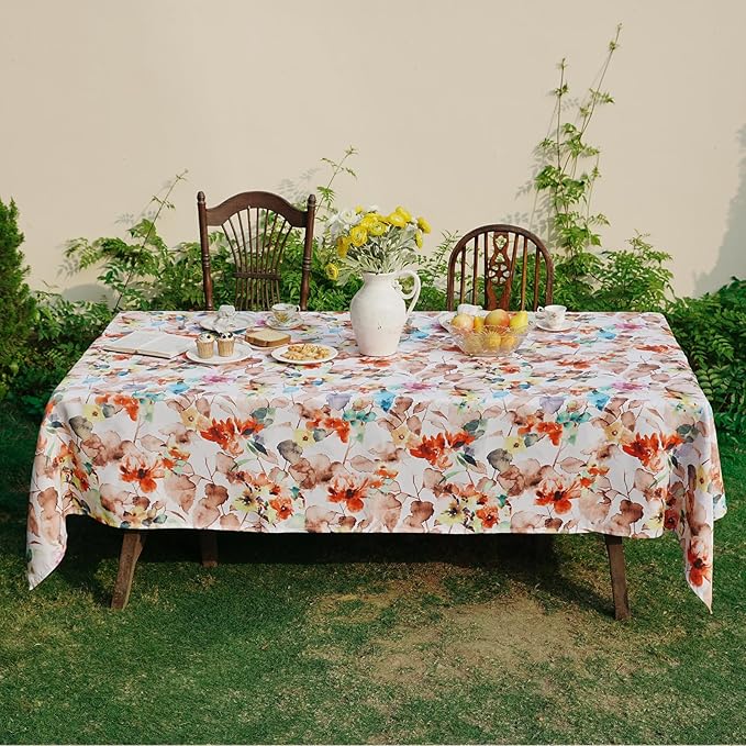 Rectangle Tablecloth, Spill-Proof Waterproof Table Cloth, Floral Print Outdoor Table Cover for Dining, Farmhouse, Party - Spring Summer, 60''x120'', Orange Flower