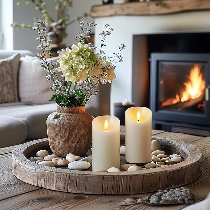 5plots 6" x 3" Flickering Flameless Candles - Battery Operated Wax LED Candles - Amber Yellow Light with Remote and Timers Set of 2, Ivory, for Home Decor, Candle Sconces