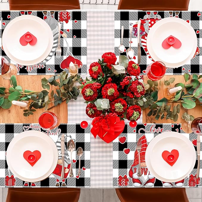 Valentine's Day Placemats Set of 6 Gnomes Plastic Table Mats Buffalo Plaid Place Mats Washable Vinyl Love Hearts Table Decoration for Anniversary Wedding Party Kitchen Dining Table