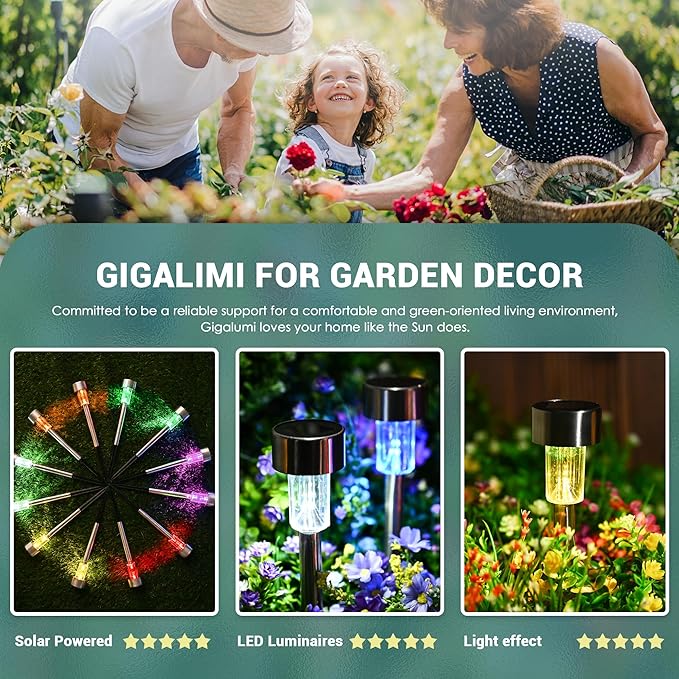 GIGALUMI Solar Lights Outdoor Waterproof, 20 Pack, Stainless Steel LED Solar Garden Lights for Patio, Lawn, Yard and Landscape, Garden Decor Patio Decor,Multicolor