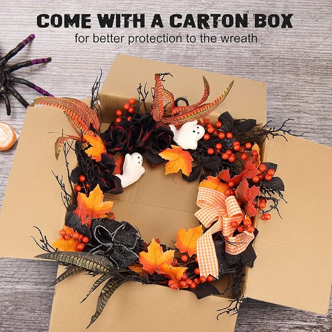 Adeeing 26 Inch Halloween Wreaths for Front Door, Halloween Decorations Ghost Wreath with Feathers Artificial Black Rose and Ribbon for Indoor Outdoor Home Party Decor
