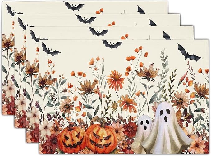 Halloween Placemats Set of 4 Vintage Wildflower Pumpkin Ghost Bat Place Mats 12x18 Inch Rustic Retro Spooky Washable Table Mats for Party Kitchen Dining Decoration