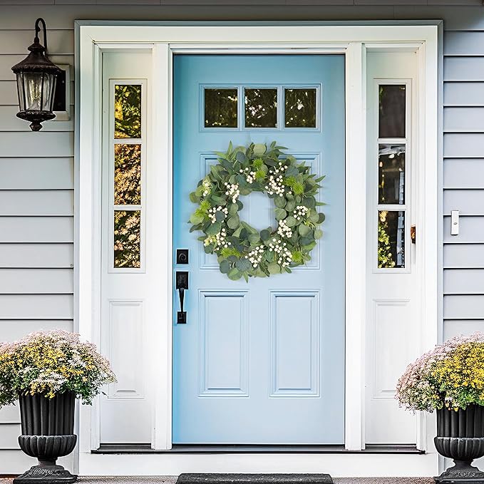 GENMOUS 24Inch Artificial Eucalyptus Wreath for Front Door, Christmas Wreaths with Ivory Berries Silver Dollar, Green Wedding Home Wall Door Hanging Decor All Seasons, Holiday Thanksgiving Halloween