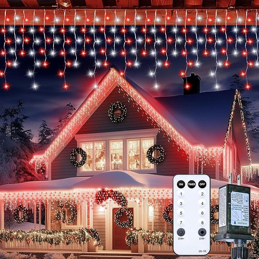 Brightown Icicle Lights - 40Ft Outdoor Christmas Lights with 81 Drops, 432 LED, Built-in Timer, Perfect for House Eaves & Weddings - Red & White