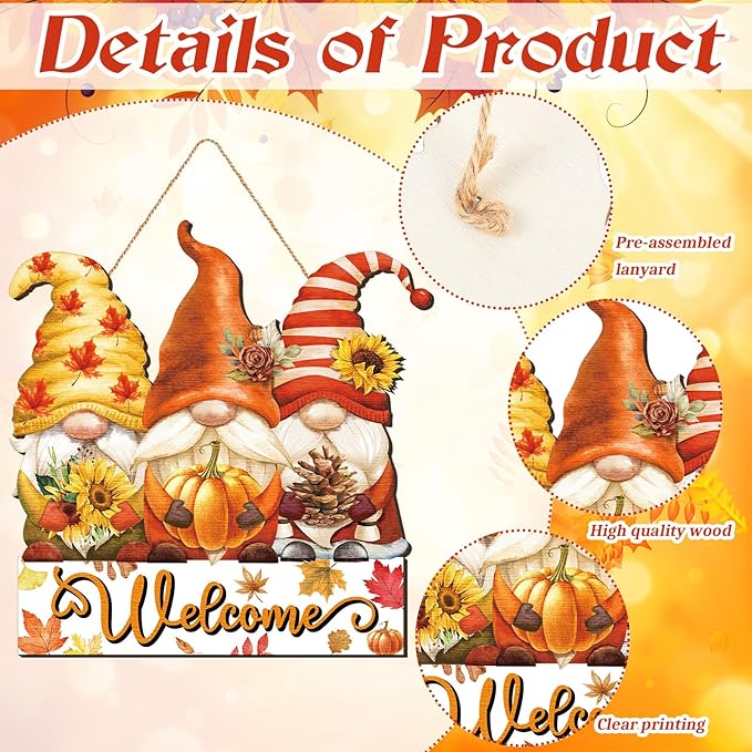 Boao Fall Welcome Sign Gnome Hanging Door Decor Thanksgiving Wooden Sign Autumn Door Decorations Pumpkin Maple Leaves Hanger for Outdoor Farmhouse Porch