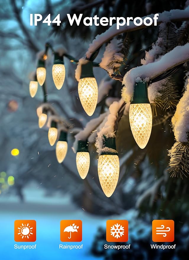 Brightown Outdoor Christmas Lights, 100 Ft C9 LED Commercial String Lights with Warm White Strawberry C9 Bulbs, Waterproof Connectable UL Certified C9 Lights for Indoor Home Yard Xmas Tree Decor