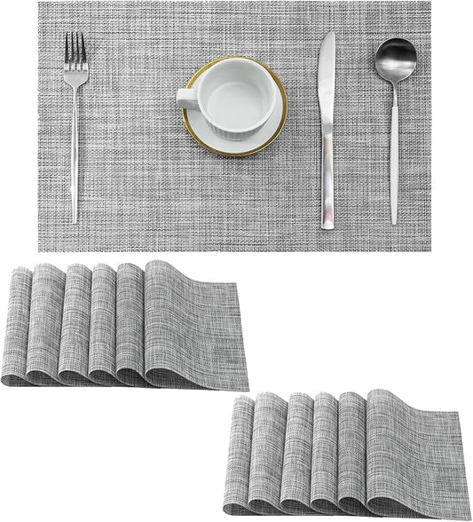 Leetaltree Linen Grey Placemats Set of 12 - Heat Resistant Non-Slip Place mats for Dining Table, Washable Durable PVC Vinyl Woven Table Mats（Linen Grey, 12）