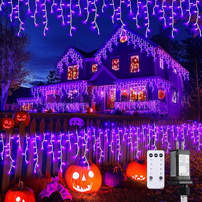 JMEXSUSS Purple Halloween Icicle Lights, 38.8 FT 400 LED Icicle Light Outdoor Waterproof, 8 Modes Purple Halloween Lights with 80 Drops Plug in for House Christmas Party Decorations