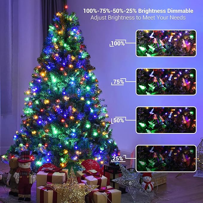 Brizled Color Changing Christmas Lights, 33ft 100 LED Connectable, 12 Modes Warm White & Multicolored Xmas Tree Lights with Remote, Dimmable for Indoor/Outdoor Decor