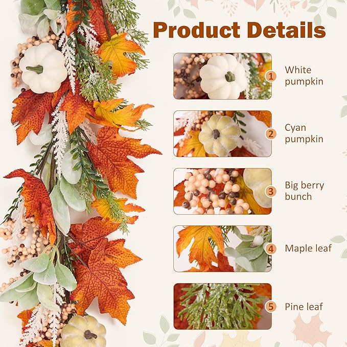 GENMOUS 6ft Thanksgiving Fall Garlands, Pumpkins Maple Leaves Autumn Wreaths for Front Door, Fall Decor, Porch Wall, Home Outdoor Holiday Decorations